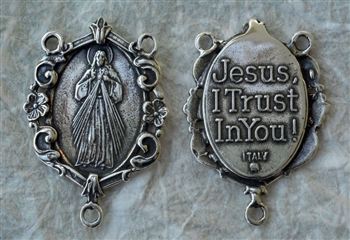 Divine Mercy Rosary Center 1 1/4" - Catholic religious rosary parts in authentic antique and vintage styles with amazing detail. Huge collection of crucifixes, rosary centers, and heirloom saint and holy medals handmade in sterling silver and bronze.