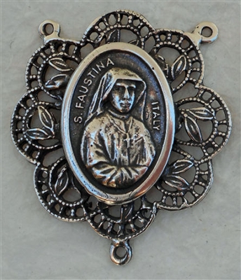 Sister Faustina Rosary Center 1 3/8"- Catholic religious rosary parts in authentic antique and vintage styles with amazing detail. Huge collection of crucifixes, rosary centers, and heirloom saint and holy medals handmade in sterling silver and bronze.