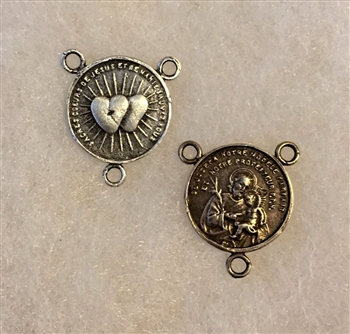 Hearts Of Mary And Jesus/Joseph And Baby Jesus CENTER 3/4" - Catholic religious rosary parts in authentic antique and vintage styles with amazing detail. Huge collection of crucifixes, rosary centers, and heirloom saint and holy medals handmade in sterlin