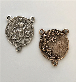 St. Martha with Flowers Center Medal 5/8" - Catholic religious rosary parts in authentic antique and vintage styles with amazing detail. Huge collection of crucifixes, rosary centers, and heirloom saint and holy medals handmade in sterling silver and bron