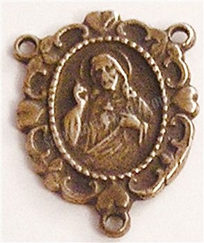 Sacred Heart of Jesus Rosary Center 7/8" - Catholic religious rosary parts in authentic antique and vintage styles with amazing detail. Big collection of crucifixes, centerpieces, and heirloom medals handmade in California, US. Available in sterling silve