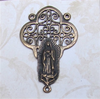 Our Lady of Guadalupe Rosary Center 1 3/4" - Catholic rosary parts in authentic antique and vintage styles with amazing detail. Large collection of heirloom rosary centerpieces, crosses, crucifixes and medals in true bronze and sterling silver.