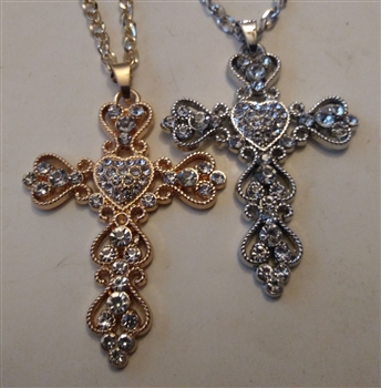 Heart Cross with Rhinestones in Shiny Silver or Golden 2 1/2" With 27" Cross Chain - Catholic cross pendants and crucifixes in authentic antique and vintage styles with amazing detail. Large collection of crucifixes, centerpieces, and heirloom medals made