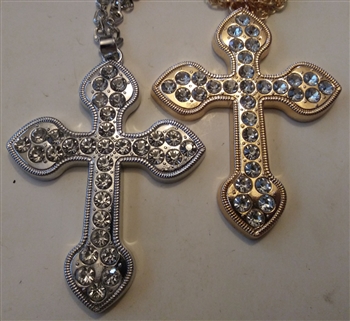 Spade Cross with Rhinestones in Shiny Silver or Golden 3 1/4" With 27" Cross Chain - Catholic cross pendants and crucifixes in authentic antique and vintage styles with amazing detail. Large collection of crucifixes, centerpieces, and heirloom medals made