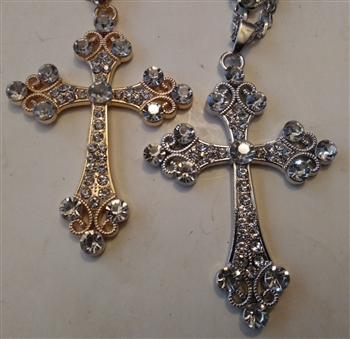 Trinity Cross with Rhinestones in Shiny Silver or Golden 2 1/2" With 27" Cross Chain - Catholic cross pendants and crucifixes in authentic antique and vintage styles with amazing detail. Large collection of crucifixes, centerpieces, and heirloom medals ma