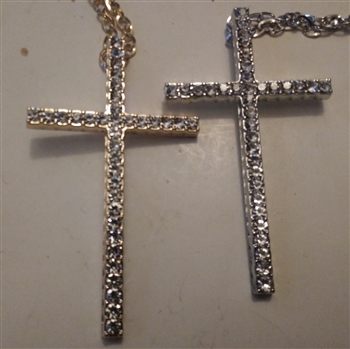 Simple Cross with Rhinestones in Shiny Silver or Golden 4" With 27" Cross Chain - Catholic cross pendants and crucifixes in authentic antique and vintage styles with amazing detail. Large collection of crucifixes, centerpieces, and heirloom medals