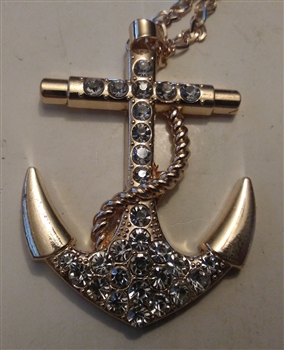 Anchor Medal Cross with Rhinestones in Shiny Silver or Golden 2.5" With 27" Cross Chain - Catholic cross pendants and crucifixes in authentic antique and vintage styles with amazing detail. Large collection of crucifixes, centerpieces, and heirloom medals