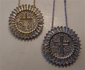 Rounded Cross Medal with Rhinestones in Shiny Silver or Golden 1" With 18" Cross Chain  - Catholic cross pendants and crucifixes in authentic antique and vintage styles with amazing detail. Large collection of crucifixes, centerpieces, and heirloom medal