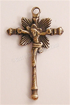 Childs Crucifix 1 1/2"  - Catholic cross pendants and crucifixes in authentic antique and vintage styles with amazing detail. Large collection of crucifixes, centerpieces, and heirloom medals made by hand in California, US.