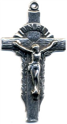 Wood Textured Crucifix 1 3/4" - Catholic cross pendants and rosary crucifixes in authentic antique and vintage styles with amazing detail. Large collection of crucifixes, centerpieces, and heirloom medals made by hand in California, US.