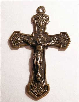 Shield Crucifix 2" - Religious crosses, Catholic crucifixes, rosary parts in authentic antique and vintage styles with amazing detail. Large collection of crucifixes, centerpieces, and heirloom medals made by hand in California, US.