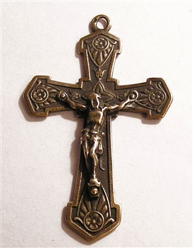 Shield Crucifix 2" - Religious crosses, Catholic crucifixes, rosary parts in authentic antique and vintage styles with amazing detail. Large collection of crucifixes, centerpieces, and heirloom medals made by hand in California, US.