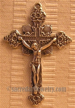 Flowers Crucifix 1 3/4" - Religious crosses, Catholic crucifixes, rosary parts in authentic antique and vintage styles with amazing detail. Large collection of crucifixes, centerpieces, and heirloom medals made by hand in California, US.