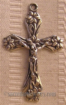 Crucifix with Lilies 1 3/4" - Religious crosses, Catholic crucifixes, rosary parts in authentic antique and vintage styles with amazing detail. Large collection of crucifixes, centerpieces, and heirloom medals made by hand in California, US.