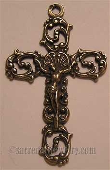 French Scrolls Crucifix  - Catholic rosary parts and religious crosses in authentic antique and vintage styles with amazing detail. Large collection of crucifixes, centerpieces, and heirloom medals made by hand in true bronze or sterling silver.
