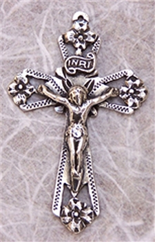 Small Mexican Crucifix 1 3/4" - Catholic religious rosary parts in authentic antique and vintage styles with amazing detail. Large collection of crucifixes, centerpieces, and heirloom medals made by hand in true bronze and 925 sterling silver.
