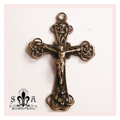 Flowers Crucifix 1 3/4"  - Catholic religious rosary parts and medals in authentic antique and vintage styles with amazing detail. Large collection of crucifixes, centerpieces, and heirloom medals made by hand in true bronze and sterling silver.