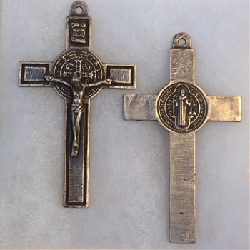 Saint Benedict Crucifix Large 2 7/8 - Catholic cross pendants and rosary crucifixes in authentic antique and vintage styles with amazing detail. Large collection of crucifixes, centerpieces, and heirloom medals made by hand in California, US.