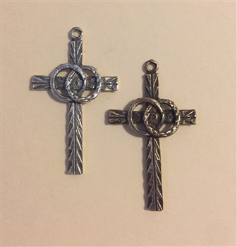 Embellished CROSS with two Wedding Rings 1-3/8 - Catholic cross pendants and crucifixes in authentic antique and vintage styles with amazing detail. Large collection of crucifixes, centerpieces, and heirloom medals made by hand in Cali