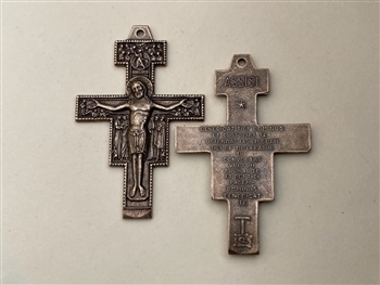 Assisi Benediction Prayer/San Damiano  Extra Large  Crucifix 2 1/2" - Catholic religious rosary parts in authentic antique and vintage styles with amazing detail. Large collection of crucifixes, centerpieces, and heirloom medals made by hand in true bronz
