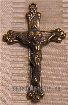 Sacred Heart Crucifix 1 3/4" - Catholic Sacred Heart & Christian rosary parts in authentic antique and vintage styles with amazing detail. Large collection of crucifixes, centerpieces, and heirloom medals made by hand in in bronze and sterling.