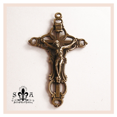 Mens Crucifix 2 1/4" - Catholic religious medals in authentic antique and vintage styles with amazing detail. Large collection of heirloom pieces made by hand in California, US. Available in true bronze and sterling silver.