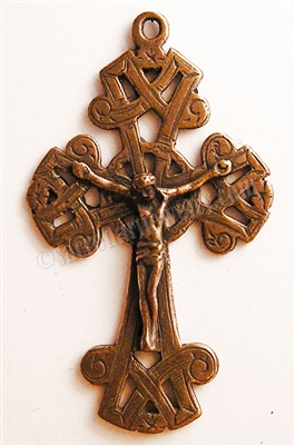 Antique Celtic Crucifix 2 3/8" - Catholic religious medals in authentic antique and vintage styles with amazing detail. Large collection of heirloom pieces made by hand in California, US. Available in true bronze and sterling silver.