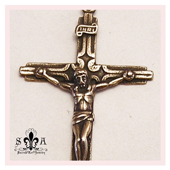 Slim Crucifix 2" - Catholic religious medals in authentic antique and vintage styles with amazing detail. Large collection of heirloom pieces made by hand in California, US. Available in true bronze and sterling silver.