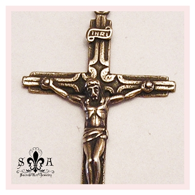Slim Crucifix 2" - Catholic religious medals in authentic antique and vintage styles with amazing detail. Large collection of heirloom pieces made by hand in California, US. Available in true bronze and sterling silver.