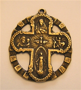 Holy Family Cross 1 7/8" - Catholic religious medals in authentic antique and vintage styles with amazing detail. Large collection of heirloom pieces made by hand in California, US. Available in true bronze and sterling silver.