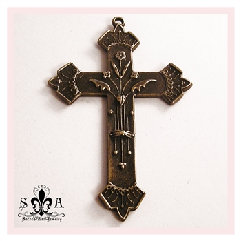 French Cross 2 1/2" - Catholic religious crosses and medals in authentic antique and vintage styles with amazing detail. Large collection of heirloom pieces made by hand in California, US. Available in true bronze and sterling silver.