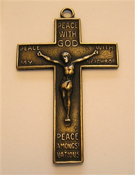 World Peace Crucifix 1 7/8" - Catholic religious medals in authentic antique and vintage styles with amazing detail. Large collection of heirloom pieces made by hand in California, US. Available in true bronze and sterling silver.