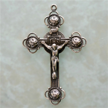Roses Crucifix 2 3/8" - Catholic religious medals in authentic antique and vintage styles with amazing detail. Large collection of heirloom pieces made by hand in California, US. Available in true bronze and sterling silver.