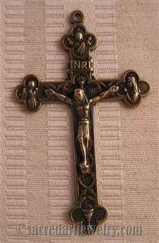 First Communion Crucifix 2 1/4" - Catholic religious rosary parts in authentic antique and vintage styles with amazing detail. Large collection of crucifixes, centerpieces, and heirloom medals made by hand in true bronze and sterling silver.