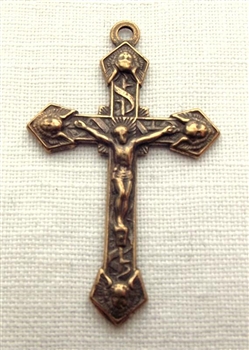 Angels Crucifix 1 1/2" - Catholic religious medals in authentic antique and vintage styles with amazing detail. Large collection of heirloom pieces made by hand in California, US. Available in true bronze and sterling silver.