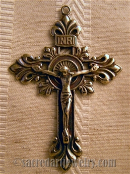 Baroque Crucifix 2 1/4" - Catholic religious medals in authentic antique and vintage styles with amazing detail. Large collection of heirloom pieces made by hand in California, US. Available in true bronze and sterling silver.