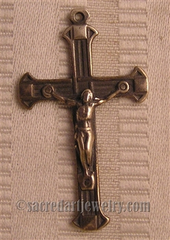 Art Deco Crucifix 1 3/4" - Catholic religious rosary parts in authentic antique and vintage styles with amazing detail. Large collection of crucifixes, centerpieces, and heirloom medals made by hand in true bronze and .925 sterling silver.