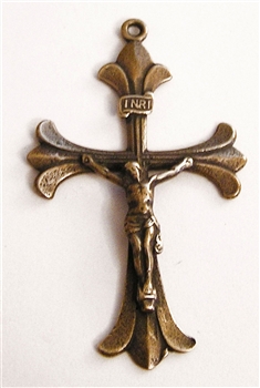 Fleur de Lis Crucifix 2" - Catholic religious rosary parts in authentic antique and vintage styles with amazing detail. Large collection of crucifixes, centerpieces, and heirloom medals made by hand in true bronze and .925 sterling silver.