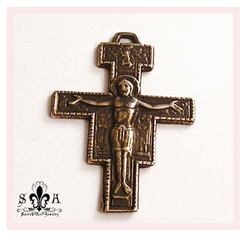 Small San Damiano Crucifix 1 5/8" - Catholic religious rosary parts in authentic antique and vintage styles with amazing detail. Large collection of crucifixes, centerpieces, and heirloom medals made by hand in true bronze and .925 sterling silver.