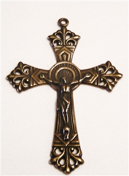 Art Deco Fleur de Lis Crucifix 2 1/2" - Catholic religious medals in authentic antique and vintage styles with amazing detail. Large collection of heirloom pieces made by hand in California, US. Available in true bronze and sterling silver.