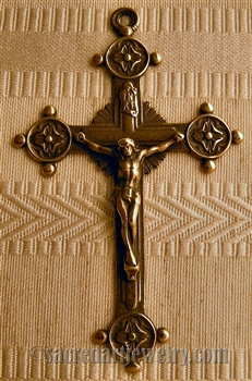 Trinity Crucifix 2 3/4" - Catholic religious rosary parts in authentic antique and vintage styles with amazing detail. Large collection of crucifixes, centerpieces, and heirloom medals made by hand  in true bronze and .925 sterling silver.