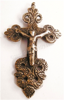 Mexican Crucifix 2 1/4" - Catholic religious rosary parts in authentic antique and vintage styles with amazing detail. Large collection of crucifixes, centerpieces, and heirloom medals made by hand in California, US. Available in true bronze and .925 ster