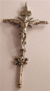 Skull and Crossbones Crucifix 2 3/8" - Catholic religious rosary parts in authentic antique and vintage styles with amazing detail. Large collection of crucifixes, centerpieces, and heirloom medals made by hand in true bronze and .925 sterling silver.