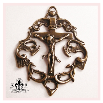 Openwork Crucifix 2 1/4" - Catholic religious rosary parts in authentic antique and vintage styles with amazing detail. Large collection of crucifixes, centerpieces, and heirloom medals made by hand in true bronze and .925 sterling silver.