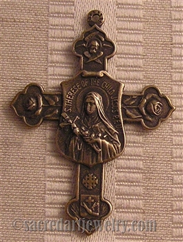 St Therese Cross 1 3/4" - Catholic religious medals and cross necklaces and in authentic antique and vintage styles with amazing detail. Big collection of crosses, medals and a variety of chains in sterling silver and bronze.