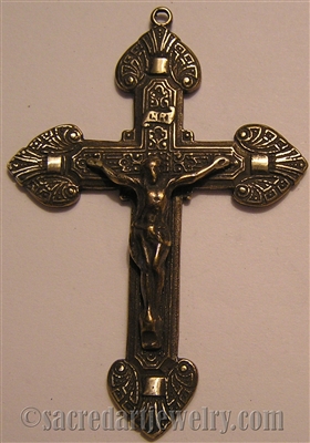 Elegant Old Crucifix 2 1/4" - Catholic religious medals and cross necklaces and in authentic antique and vintage styles with amazing detail. Big collection of crosses, medals and a variety of chains in sterling silver and bronze.