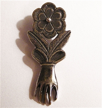 Hand with Flower Milagro Pendant 1 3/4" - Catholic religious medals in authentic antique and vintage styles with amazing detail. Large collection of heirloom pieces made by hand in California, US. Available in true bronze and sterling silver.