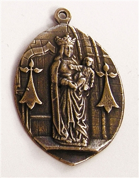 Blessed Mother Medal with Baby Jesus 1 1/2" - Catholic religious medals in authentic antique and vintage styles with amazing detail. Large collection of heirloom pieces made by hand in California, US. Available in true bronze and sterling silver.