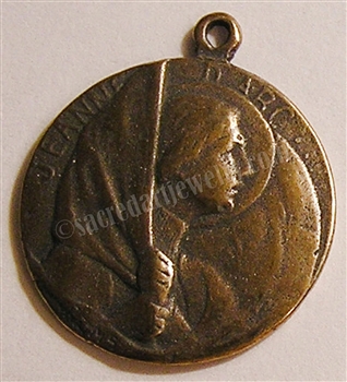 Joan of Arc Medal at Reims 3/4" - Catholic religious medals in authentic antique and vintage styles with amazing detail. Large collection of heirloom pieces made by hand in California, US. Available in sterling silver and true bronze
