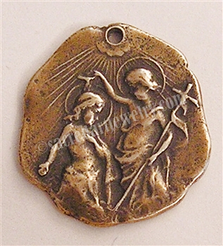 Baptism Crib Medal, Jesus and John 7/8" - Catholic religious medals in authentic antique and vintage styles with amazing detail. Large collection of heirloom pieces made by hand in California, US. Available in true bronze and sterling silver